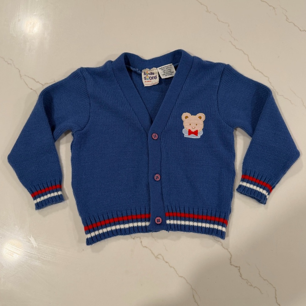 Vintage Blue Cardigan with Bear Design
